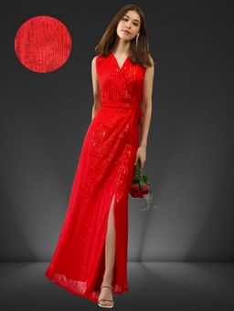 Sera - Red Sequin Wrap Glamorous Party Wear Maxi Dress