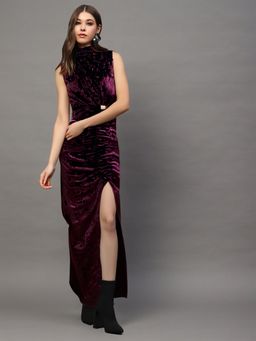 Sera - Maroon Velvet Bodycon Ruched Detailing and Side Slit Maxi Dress