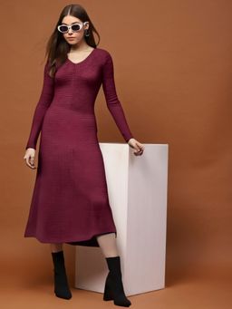 Sera - Maroon Long Sleeve V-Neck Elegant Party Wear Midi Dress