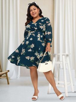 Martini - Women Turquoise Blue Plus Size Floral Knee Length Dress