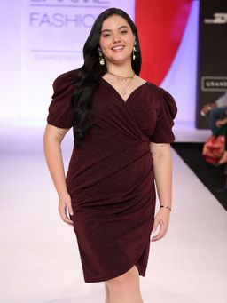 Martini - Women Maroon Shimmer Plus Size Puff Sleeve Western Mini Dress