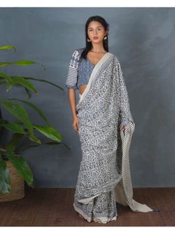 Chidiyaa - Bms Haze Tide Ivory Block Printed Saree with Unstitched Blouse