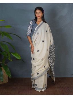 Chidiyaa - Bms Quiet Cloud Ivory Block Printed Saree with Unstitched Blouse