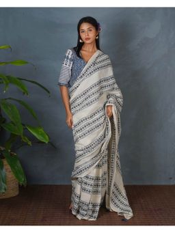 Chidiyaa - Bms Sky Melt Ivory Block Printed Saree with Unstitched Blouse