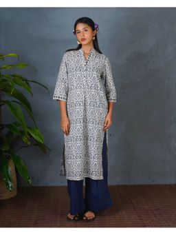 Chidiyaa - Bms Monsoon Sea Grey Block Printed Cotton Kurta
