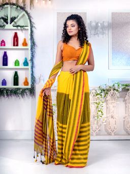 CHARUKRITI - Yellow Pure Cotton Handwoven Soft Saree with Strip Pallu with Unstitched Blouse