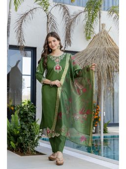 Gahan - Women Olive Green Embroidered Straight Kurta and Pant with Dupatta