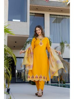 Gahan - Women Mustard Yellow Embroidered Straight Kurta and Pant with Dupatta
