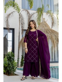 Gahan - Women Purple Embellished Straight Kurta and Sharara with Dupatta