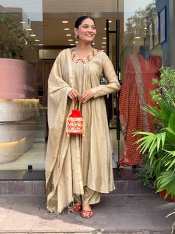 Gahan - Women Embroidered Anarkali Kurta and Pant with Dupatta - Beige