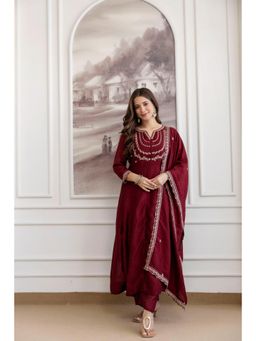 Gahan - Women Embroidered Anarkali Kurta with Pant & Dupatta - Maroon