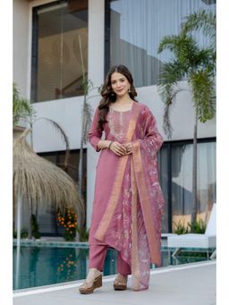 Gahan - Women Dusty Pink Embroidered Straight Kurta and Pant with Dupatta