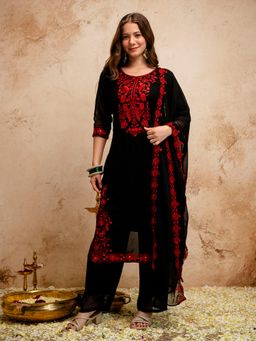 Gahan - Women Embroidered Kurta and Pant with Dupatta - Black