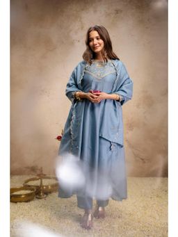 Gahan - Women Embroidered Silk Blend Anarkali Kurta and Pant with Dupatta - Blue