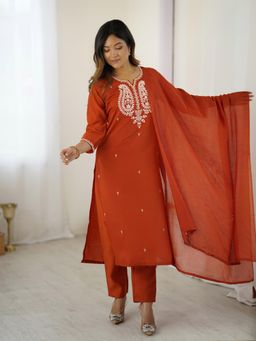 Gahan - Women Rust Orange Embroidered Straight Kurta and Pant with Dupatta