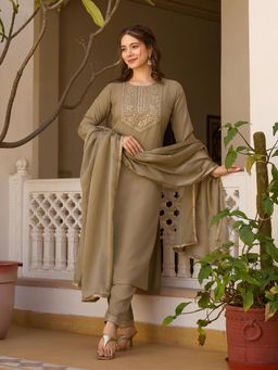Gahan - Women Taupe Embroidered Straight Kurta and Pant with Dupatta