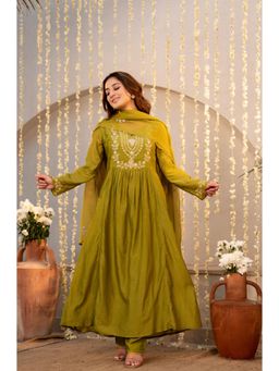 Gahan - Women Olive Green Embroidered Anarkali Kurta and Pant with Dupatta
