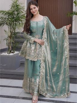 Gahan - Women Embroidered Peplum Kurta and Sharara with Dupatta - Green