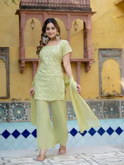 Gahan - Women Embroidered Kurta and Palazzo with Dupatta - Green