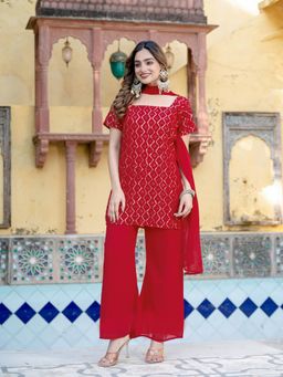 Gahan - Women Embroidered Kurta and Palazzo with Dupatta - Red