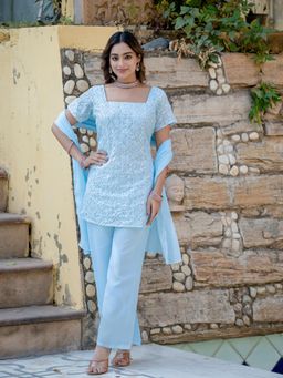 Gahan - Women Embroidered Kurta and Palazzo with Dupatta - Blue