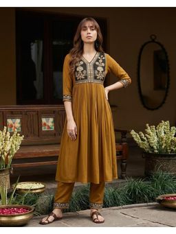 Gahan - Mustard Star Georgette Zari Cording Embroidered Kurta with Pant