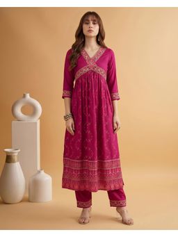 Gahan - Rani Thread Sequence Embroidery with Foil Printed Alia Cut Kurta with Pant
