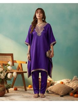 Gahan - Purple Crepe Zari Sequence Thread Embroidered Kaftan with Pant