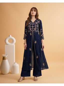 Gahan - Navy Blue Georgette Zari Sequence Thread Embroidered Kurta and Palazzo