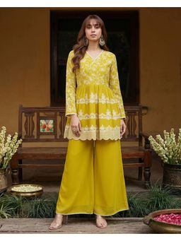 Gahan - Yellow Georgette Chain Embroidered Kurta With Palazzo