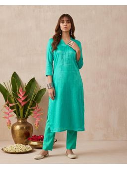 Gahan - Blue Ruby Cotton Blend Thread Embroidered Kurta Pant