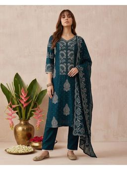 Gahan - Teal Blue Dchinon Rubber Printed Kurta with Pant and Dupatta