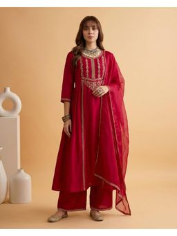 Gahan - Red Vichitra Zari Sequence Embroidered Anarkali Kurta with Pant and Dupatta