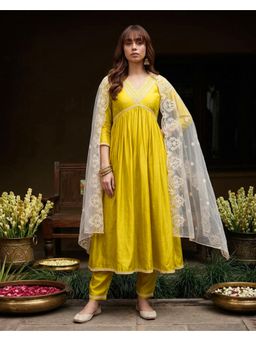 Gahan - Yellow Sequence Chain Stitch Embroidery Anarkali with Pant and Dupatta