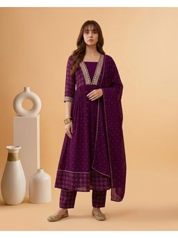 Gahan - Wine Georgette Zari Embroidery Anarkali Kurta with Pant and Dupatta