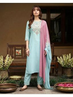 Gahan - Sky Blue Dchinon Thread Zari Embroidered Kurta with Pant and Dupatta