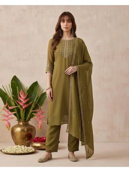 Gahan - Olive Georgette Zari Sequence Embroidered Kurta with Pant and Dupatta