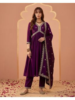 Gahan - Wine Vichitra Zari Chain Embroidery Alia Cut Kurta with Pant and Dupatta