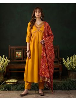 Gahan - Mustard American Crepe Zari Embroidered Alia Cut Kurta with Pant and Dupatta