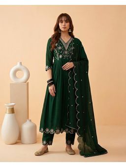 Gahan - Green Vichitra Zari Cut Work Embroidered Anarkali Kurta with Pant and Dupatta