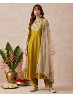Gahan - Mustard Zari Sequence Embroidered Anarkali Kurta with Pant and Dupatta