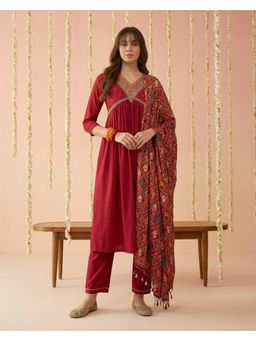 Gahan - Maroon American Crepe Zari Embroidered Alia Cut Kurta with Pant and Dupatta