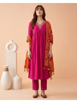Gahan - Pink American Crepe Zari Embroidered Alia Cut Kurta with Pant and Dupatta