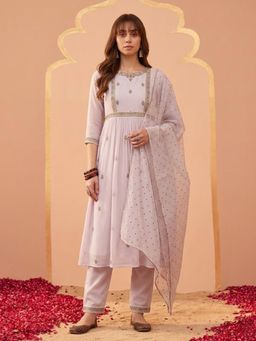 Gahan - Light Pink Georgette Zari Embroidered Naira Cut Kurta with Pant and Dupatta