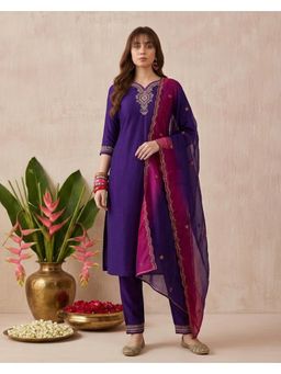 Gahan - Purple Dchinon Zari Embroidered Kurta with Pant and Shaded Organza Dupatta