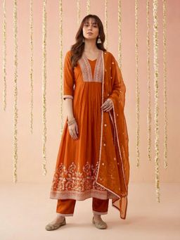 Gahan - Orange Dchinon Sequence Embroidered Anarkali Kurta with Pant and Dupatta