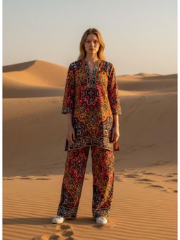 Gahan - Womens Rayon Mandarin Collar Ajrak Print Co-Ord Set - Mustard