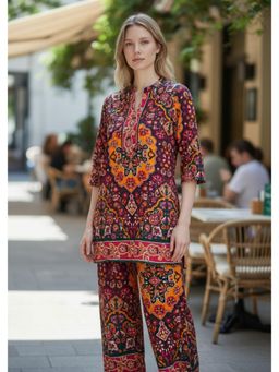 Gahan - Womens Rayon Mandarin Collar Ajrak Co-Ord Set - Wine