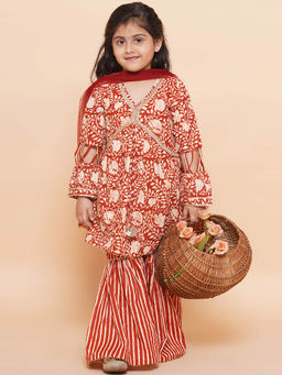AJ Dezines - Floral Printed Lace Work Kurta Sharara Set For Girls Maroon (Set of 3)