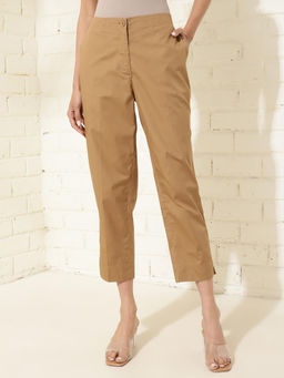 Fabindia - Brown Cotton Crop Length Slim Fit Casual Pant